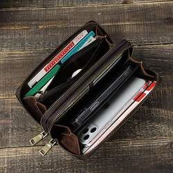 ContactS Genuine Leather Wallet Men Long Card Holder Men's Wallet Clutch Large Capacity Vintage Male Purse Double Zipper