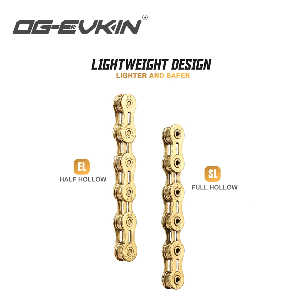 OG-EVKIN C-01 Bicycle MTB Chain 9/10/11 Half/Full Hollow Bike Chain Mountain/Road Bicycle Chains 116 Quick Link Gold/Silver