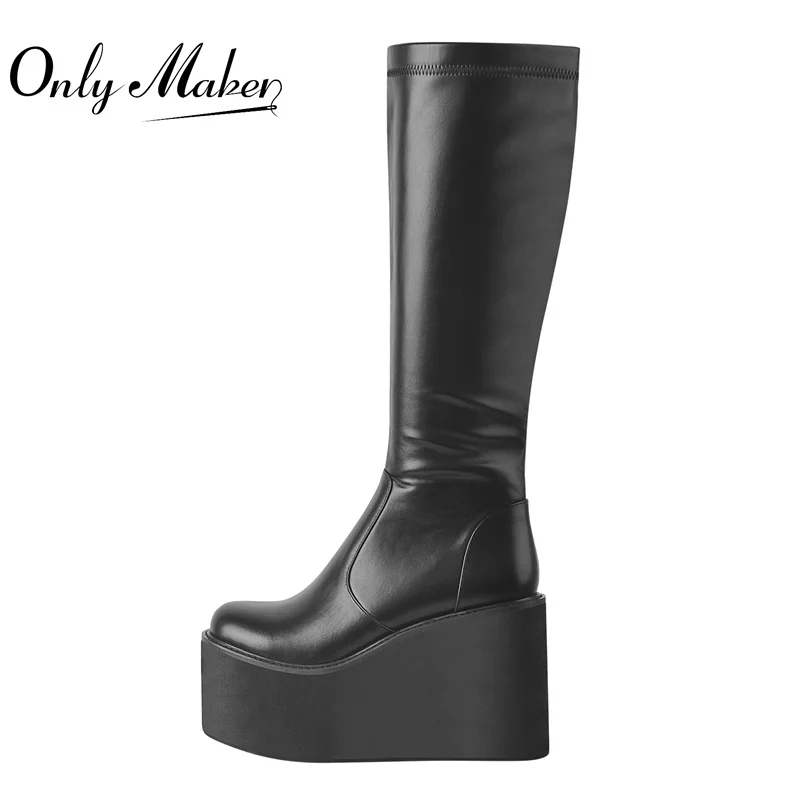 Onlymaker Women Platform Round Toe Wedges Boots Matte Black Knee High Zipper Big Size Fashion Boots