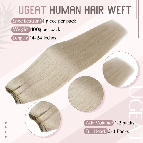 Imagen 2 del producto Ugeat-extensiones de cabello Remy suave para mujer, cabello humano 100% Real de 14-24 "", 100G, cosido en extensiones de trama de cabello