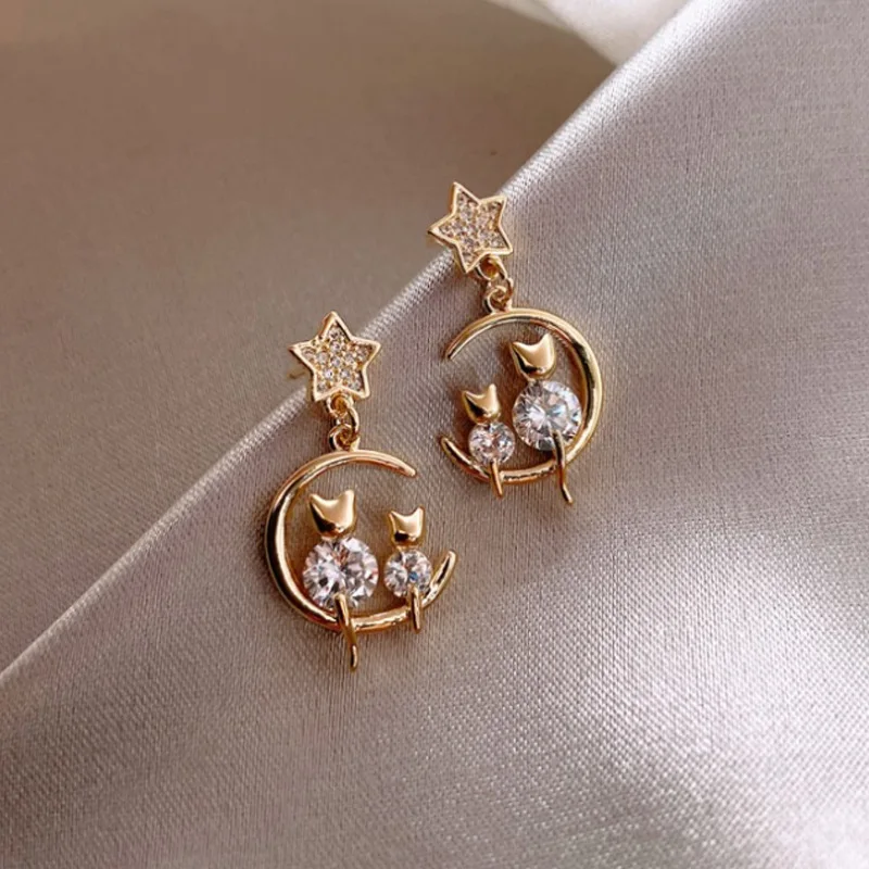 2022 New Trendy Crystal Cute Cat Stud Earrings For Women Fashion Moon Planet Round Water Earring Girl Personality Jewelry