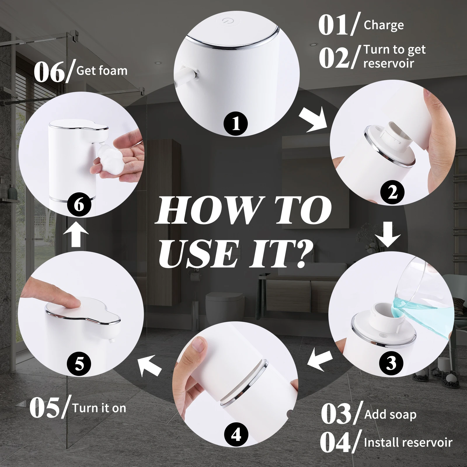 LAOPAO Soap Dispenser,Automatic Foaming Hand Soap Dispenser Rechargeable Bathroom Countertop Soap Pump for Kids Xmas Gift 300ml