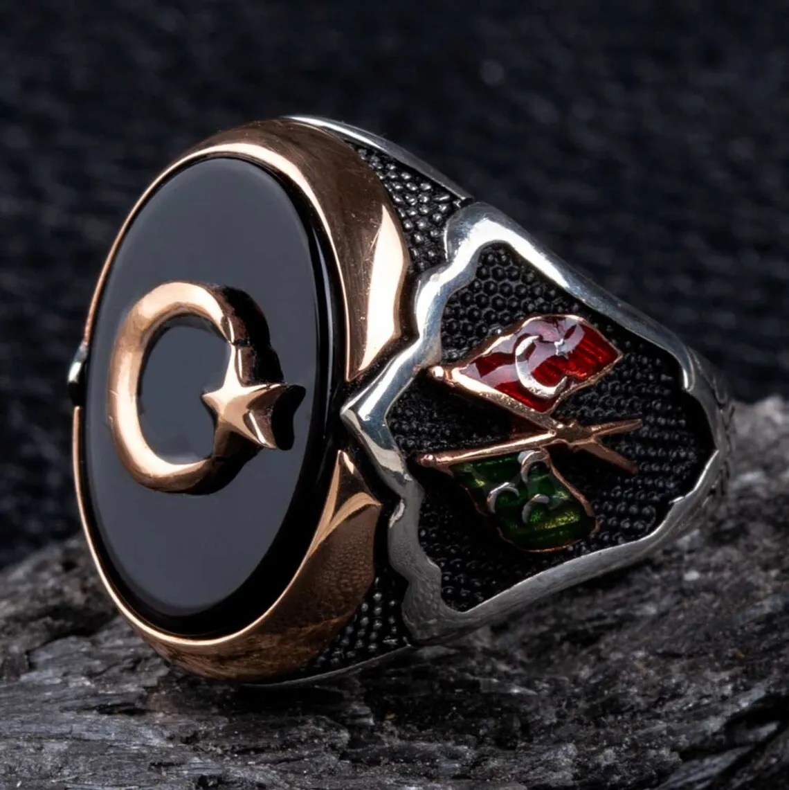 Elegant Business Flags Ring in 925 Sterling Silver Black Onyx Stone Crescent And Star Wift Flag Men’s Rings Trendy Gift for Him