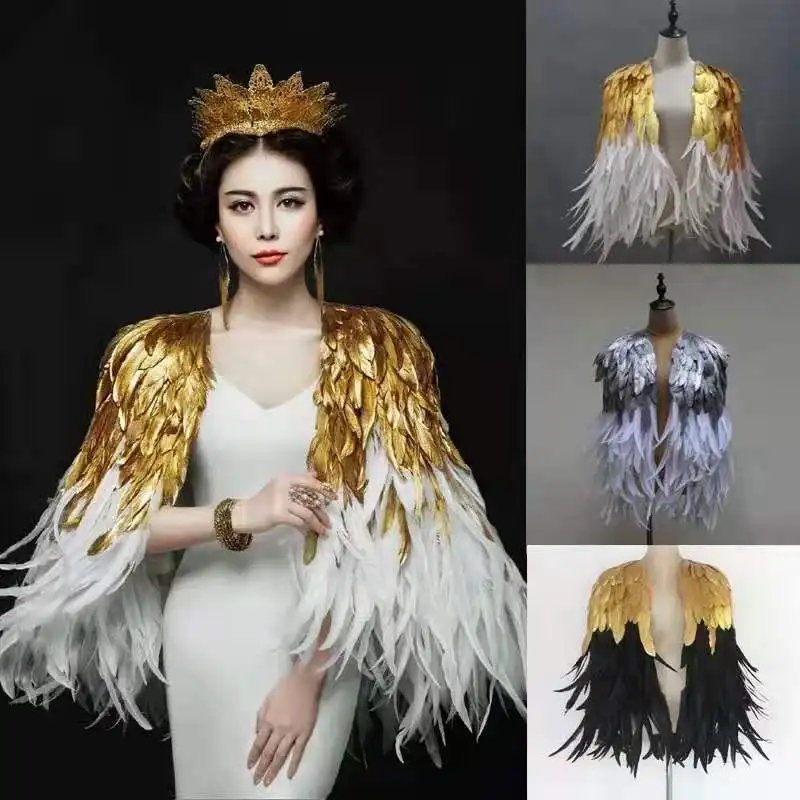 Natural Feather performance costume Fashion Golden Feather Shawl wings dress silver Cloak wedding Bride Photography Prop