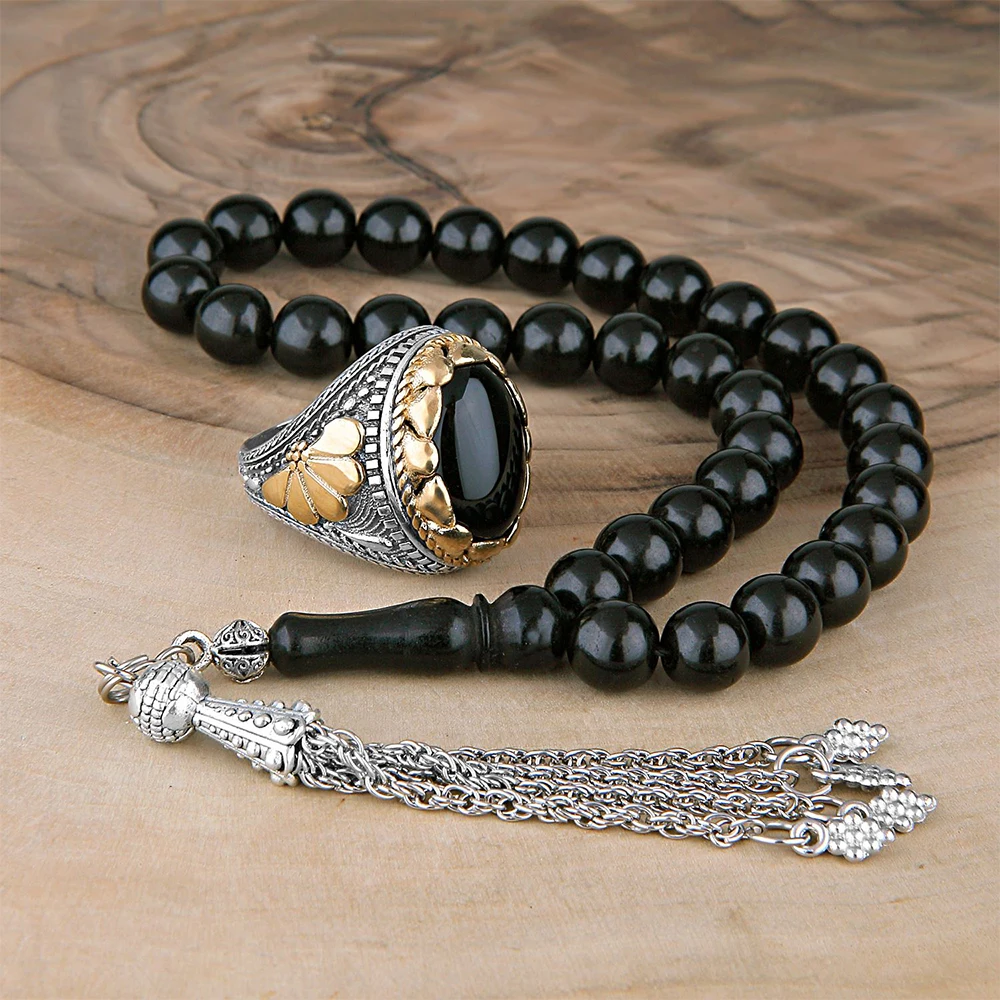 White Jet Stone Rosary and 925 Sterling Silver Mens Ring Jewelry Set