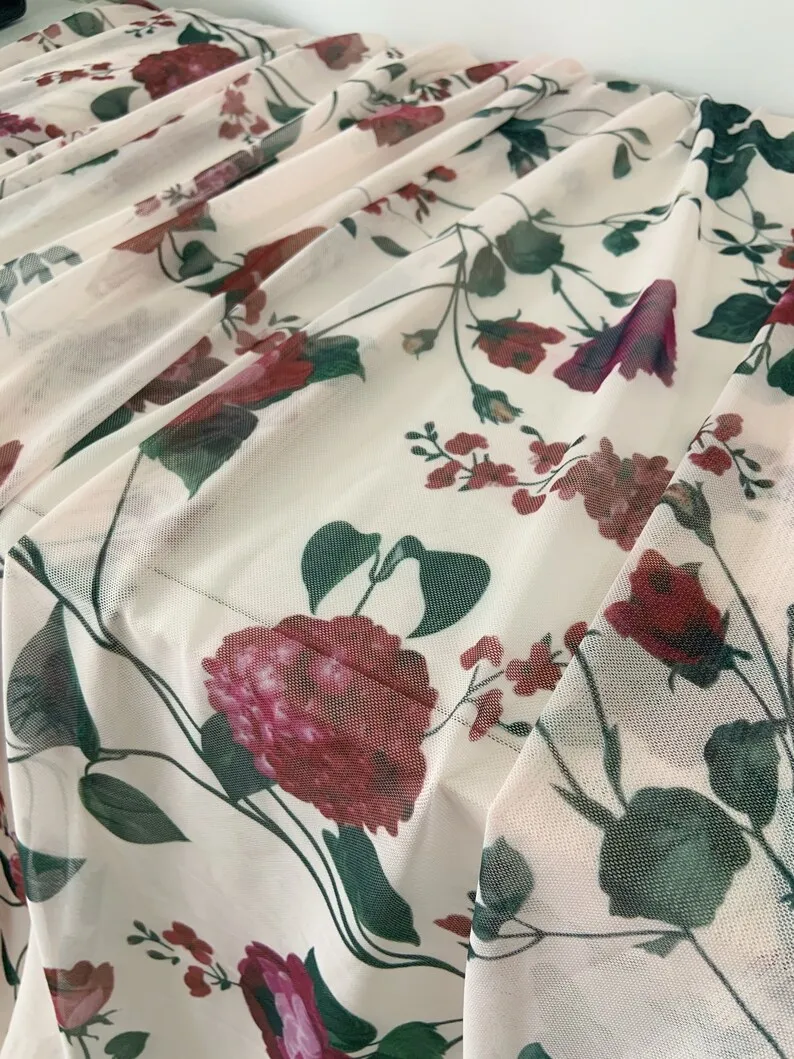 Printed 4 Way Stretchy Mesh Fabric With Red Roses, Ivory Power Mesh Fabric For Dress Elastic Mesh Fabric With Printed Flowers