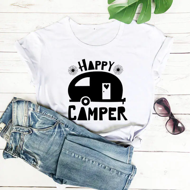 

Happy Camper Shirt New Arrival Summer Casual 100%Cotton Funny T Shirt Camping Tee Family Hiking Shirt Travel Shirts Vacation Tee