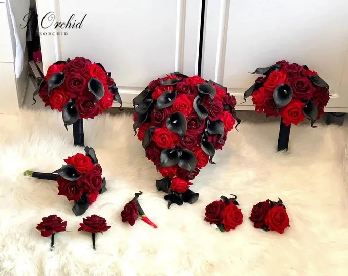 PEORCHID Charm Black and Red Wedding Bouquet Real Touch Calla Lily Artificial Bridesmaid Flowers Waterfall Bridal Bouquets