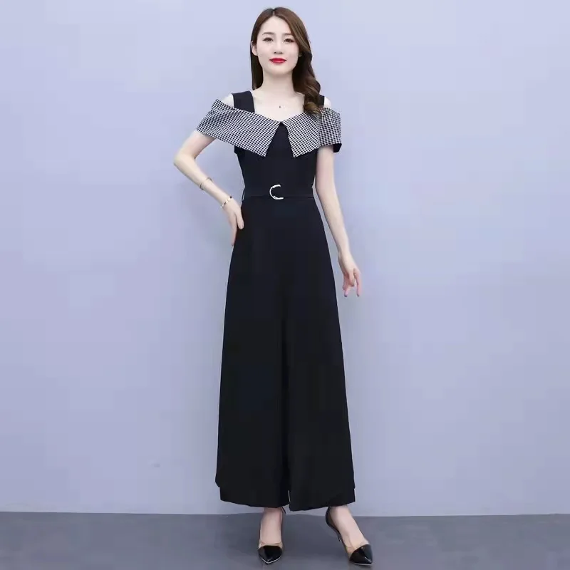 2023 Summer Thin One Shoulder Women's Jumpsuit Women's Suit Ice Silk Wide Leg Pants High Waist Hanging Feeling Jumpsuit