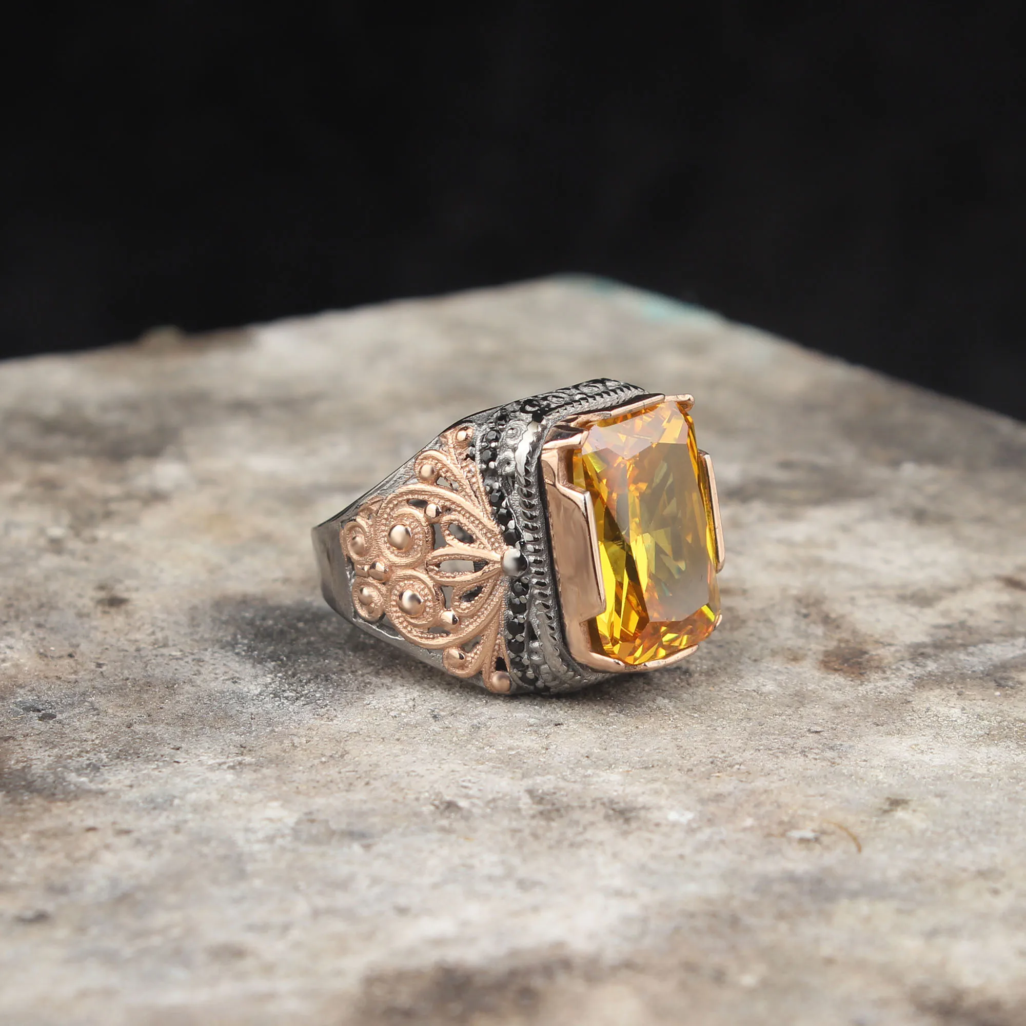 

Citrine GemStone Men Silver Ring, 925 Sterling Silver Engraved Ring, Citrine Stone Ring For Men