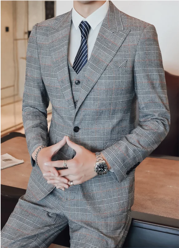 

( Jacket + Vest + Pants ) Luxury Plaid Fashion Groom Wedding Dress Stage Suit 3 Piece Set Mens Business Casual Gray Suit Tuxedo