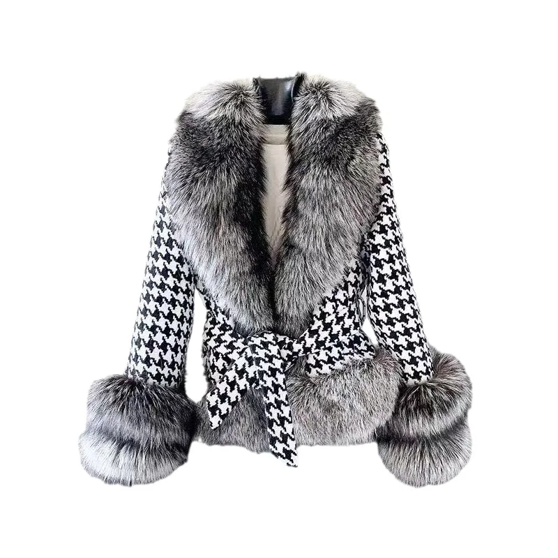 2021 Autumn and Winter Women's Fur Coat Women's Houndstooth Collar Short Silver Fox Fur Court Fashion Women's Clothing