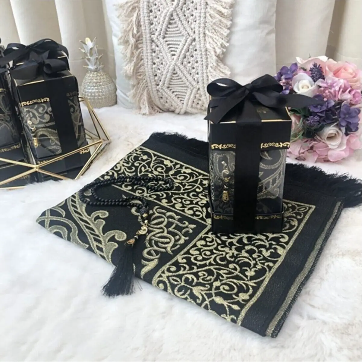 

2PC Muslim Prayer Rug Set Sejadah Rosary Prayer Mat Gift Set 5 Colors Stylish Box Islamic Muslim Items Eid Gift Ramadan Gift Set