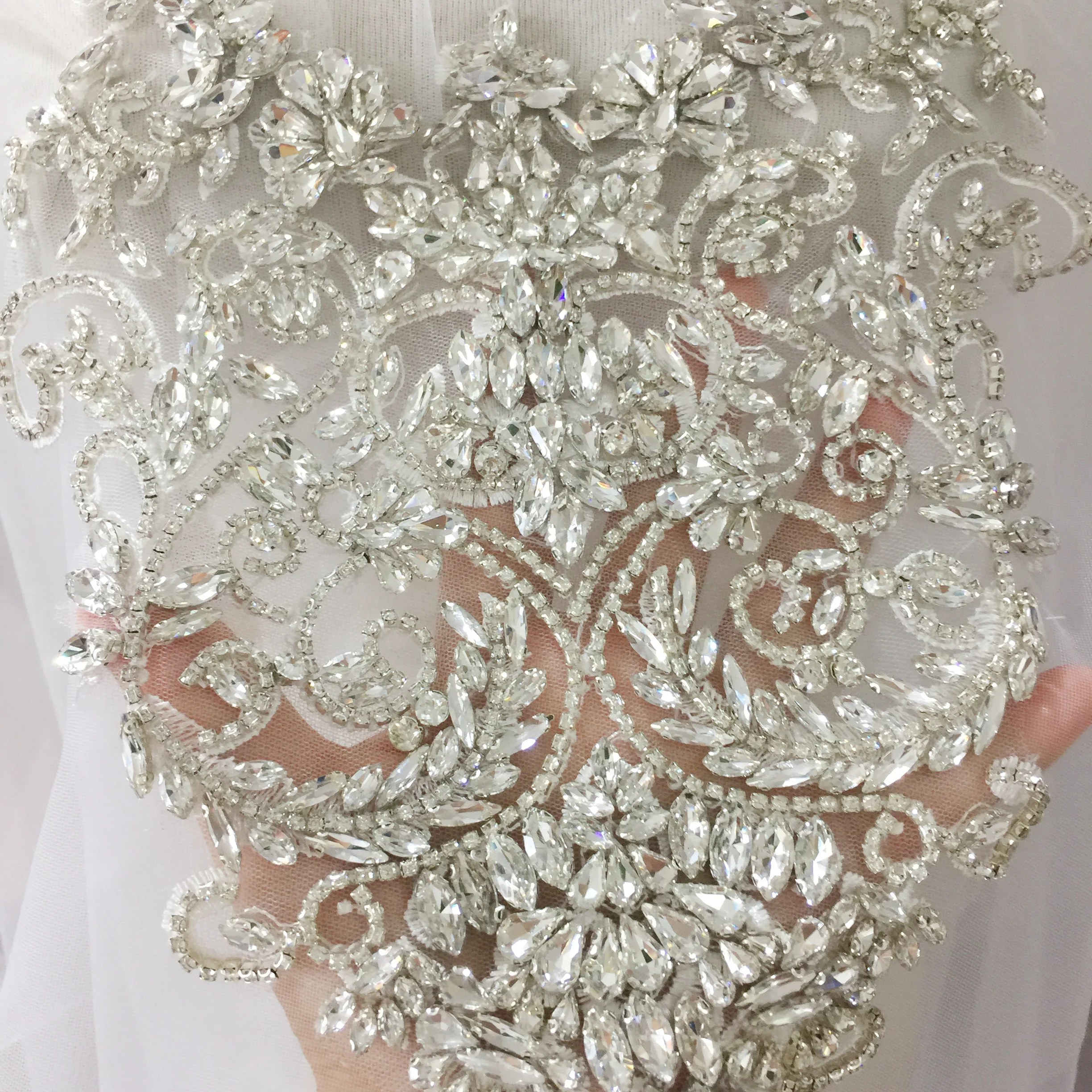 

Pure Hand Made Clear Crystal Rhinestone Beaded Bridal Bodice Applique for Wedding Belt Bridal Sash ,Haute Couture Aceessories