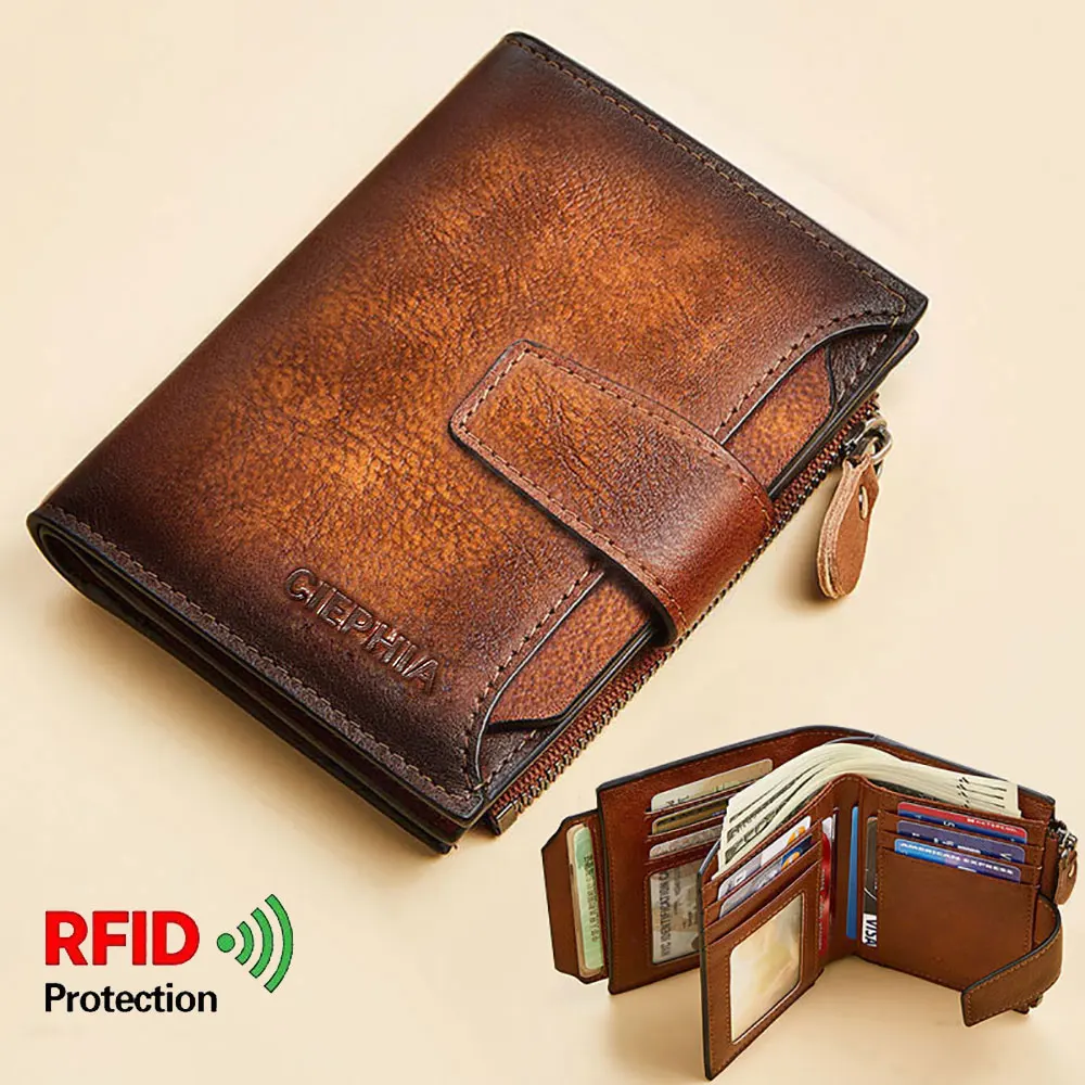 Men\'s Genuine Leather Wallet Vintage Short Multi Function Business Card Holder RFID Blocking Zipper Coin Pocket Money Clip