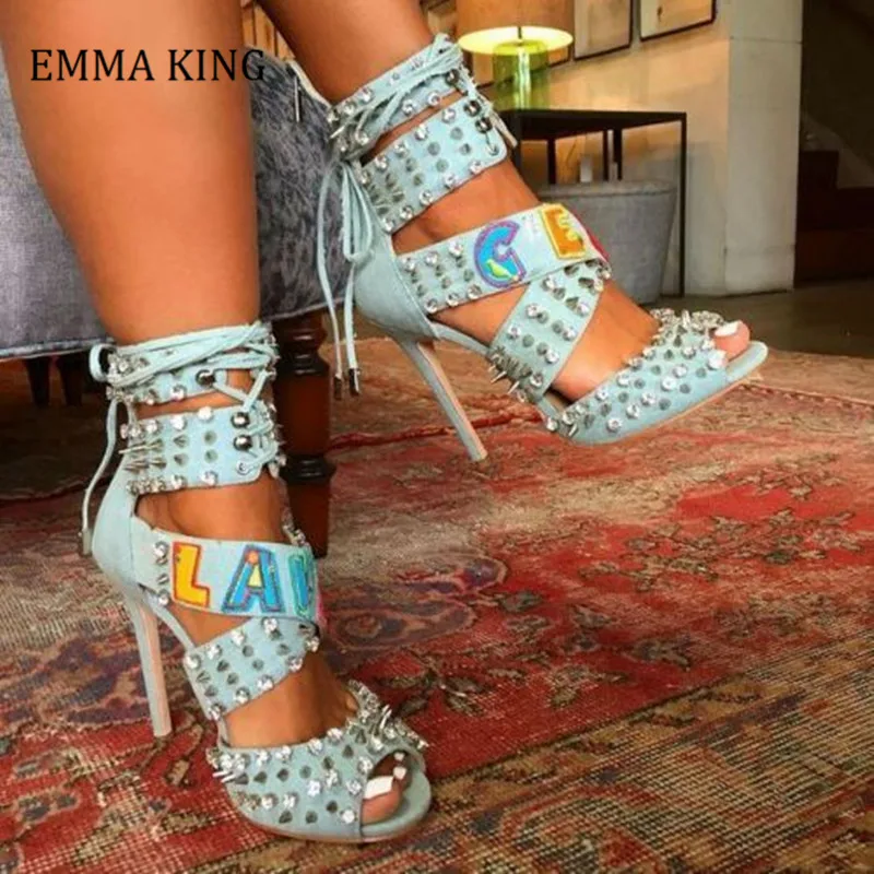 2020 New Rivet Decoration High Heel Women Sandals Female Crystal Gladiator Denim Sandals Ladies Sandles Stilettos Size 35-43