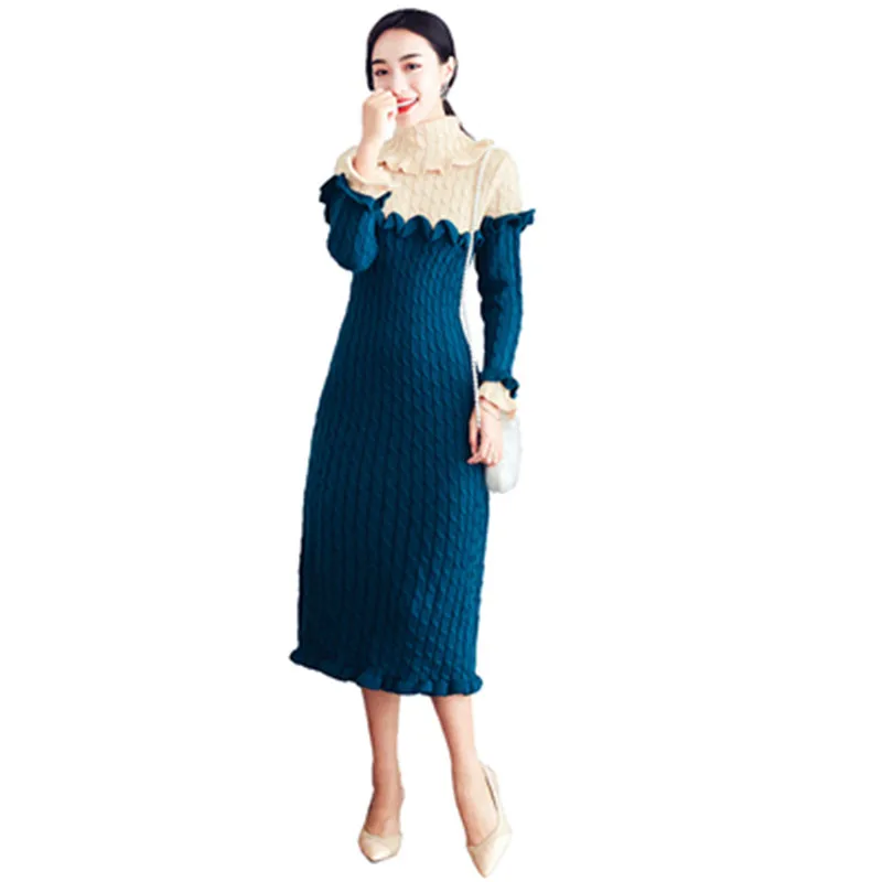 Long sleeve sweater dress, slim, retro, elegant, large lapel collar, color matching, thin temperament, autumn and winter