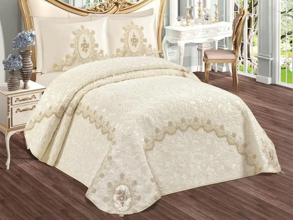 

Carmen French Güpürlü 6 Piece Blanket Set Cream Stylish Elite Showy Bed above Blanket Pack