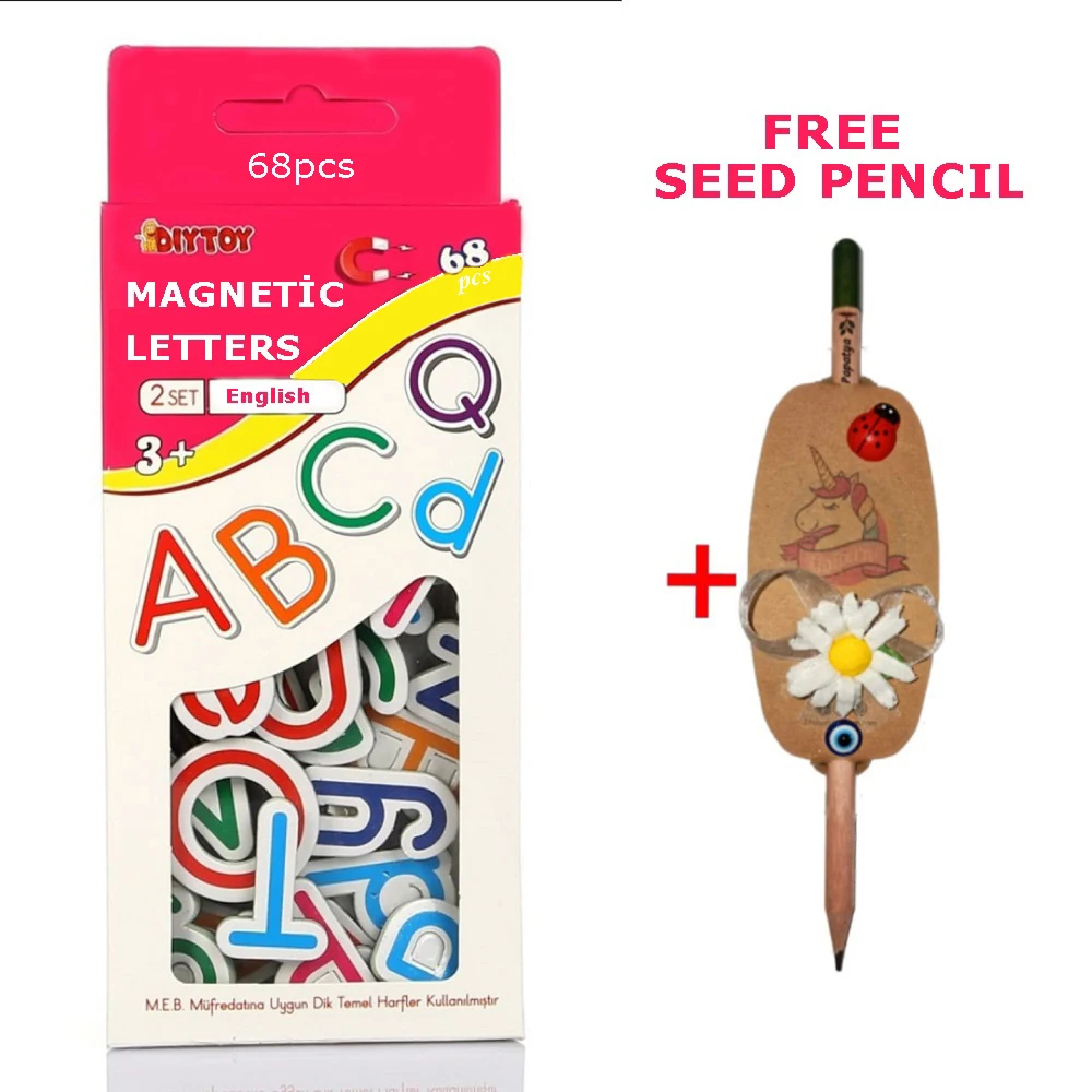 English Letter Fridge Magnets 68 Alphabet Intelligence Development Toy Kids Children Magnetic puzzle + Pencil Seed Gift