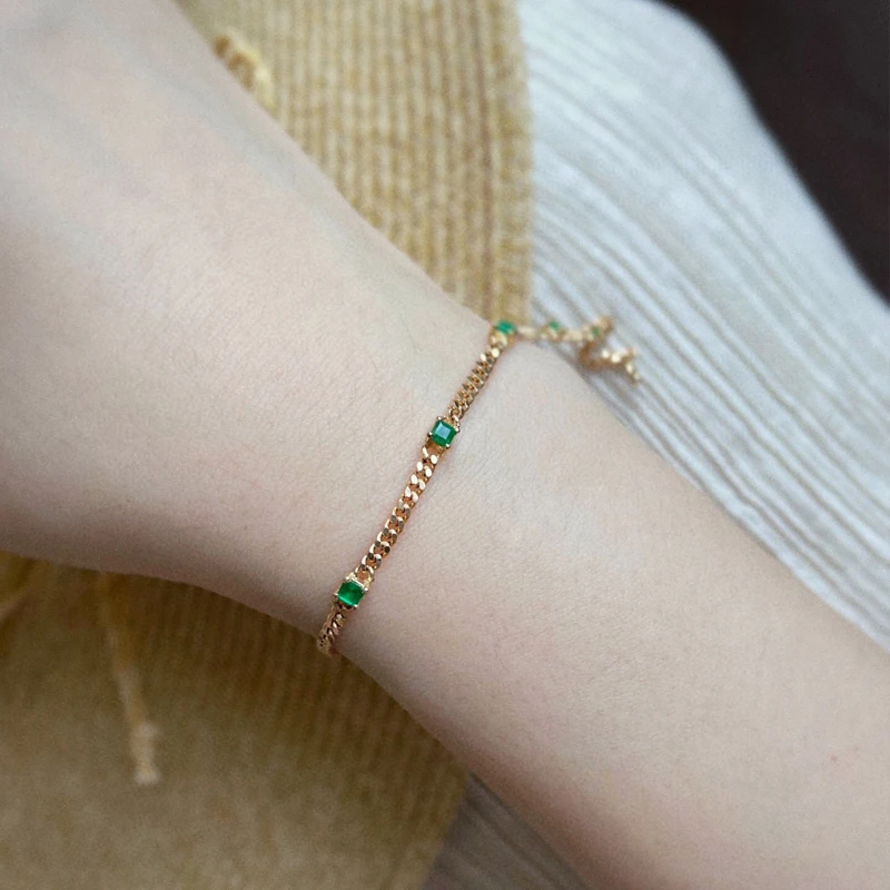 Aazuo Real 18K Yellow Gold Real Diamonds Natrual Emerald Small Cuban Chain Bracelets For Woman Upscale Trendy  Engagement Party