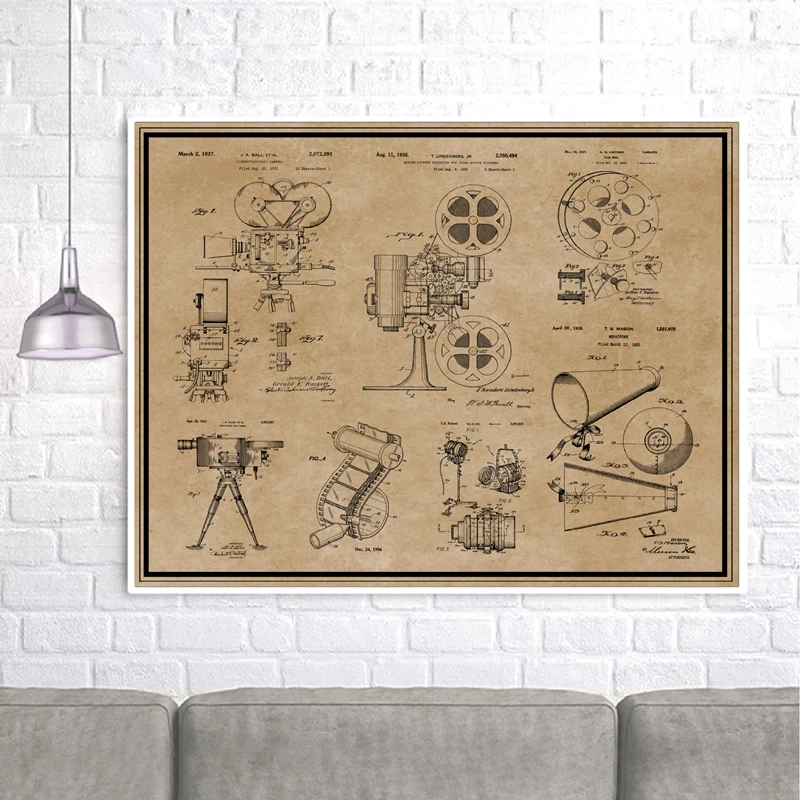 كاميرا الفيلم القديم براءات الاختراع طباعة ملصق خمر ، فيلم بكرة فيلم قطاع كاميرا مخطط الفن قماش اللوحة صور ديكور السينما