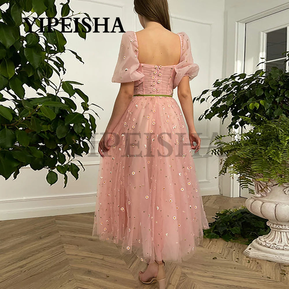 Customized Sweetheart A-Line Pink Prom Dresses Backless Short Sleeve Daisy Flowers Ankle-Length Party Gown Robes De Soirée Vesti