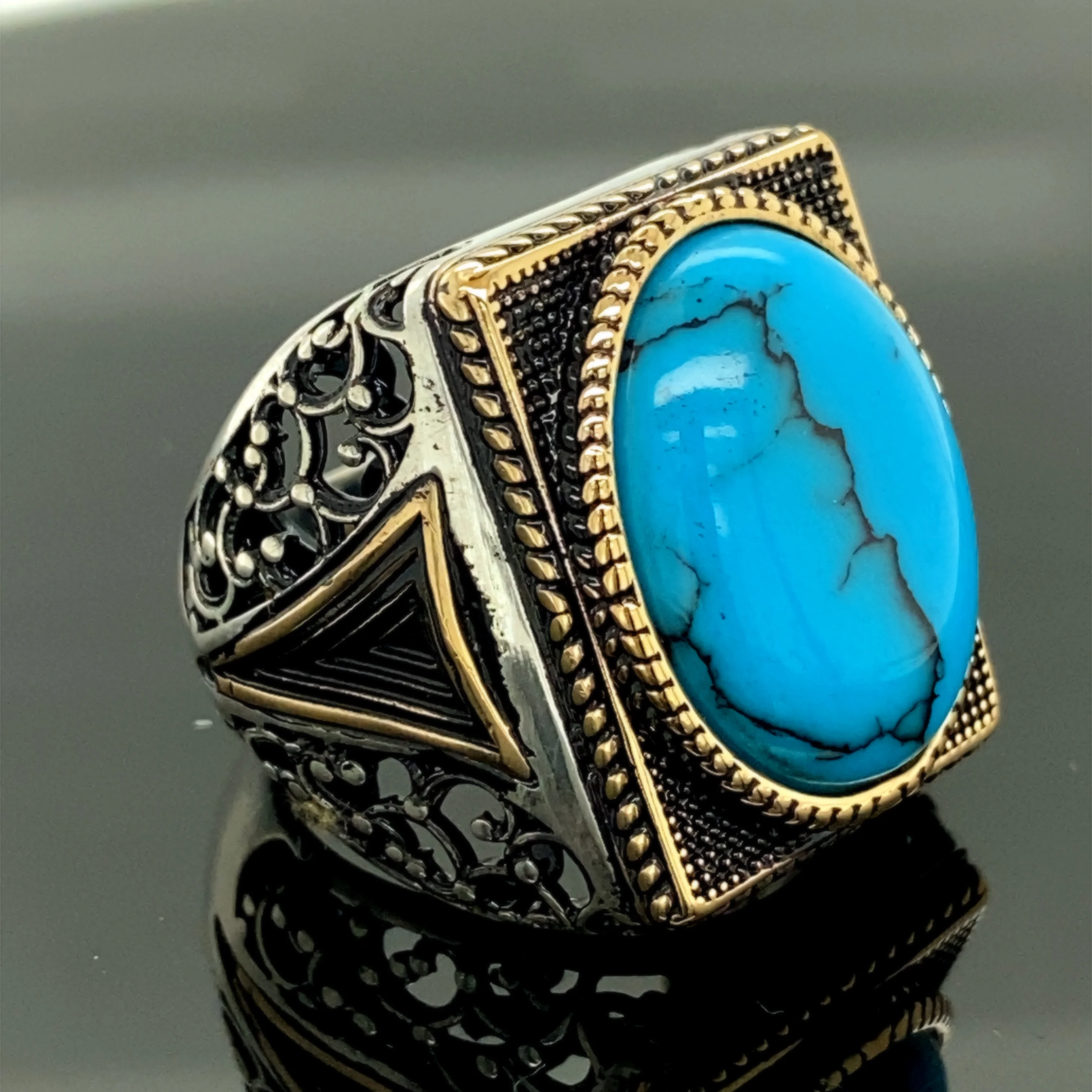 

Men's Turquoise Handmade Ring, Turquoise Men Silver Ring, Oval Gemstone Ring, Ottoman Jewelry , Men Ring , Gift For Him