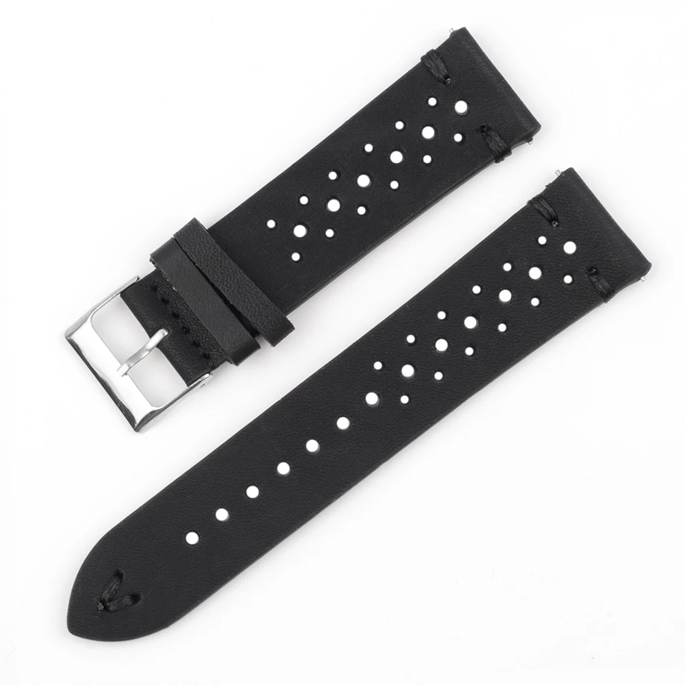 Handmade Leather Strap Watch Strap Porous Breathable Bracelet Band 18mm 20mm 22mm Black Watchband #C