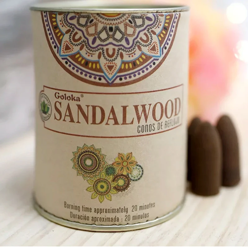 Sandalwood incense in Goloka brand reflux cones 2 cans of 18 cones each