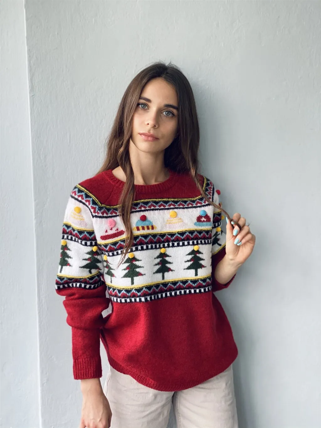 2021 Noel Printed Woman Sweater Harajuku Kawaii Turkish Fabric Vintage худи женские свитера