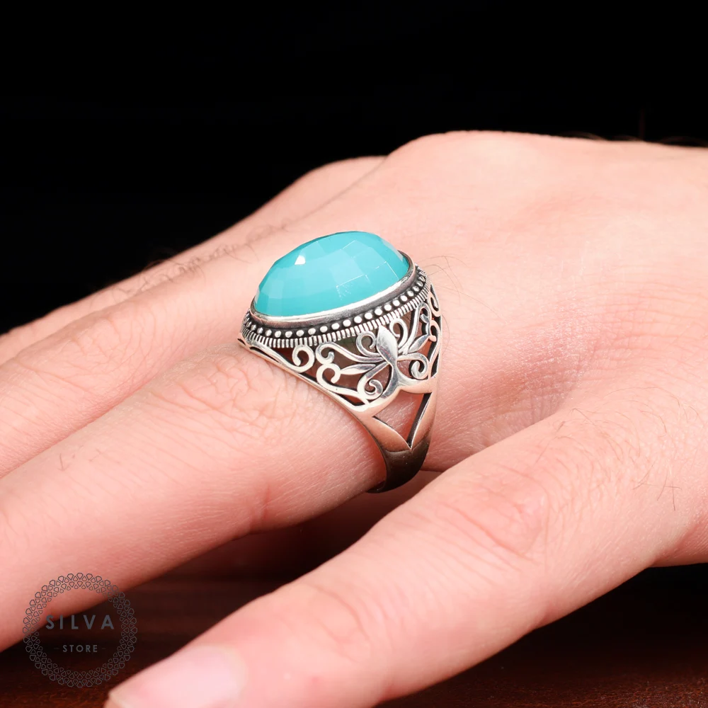 Original Sterling 925 Silver Men's ring With Blue Stone . Men's Jewelry All Sizes Are Available