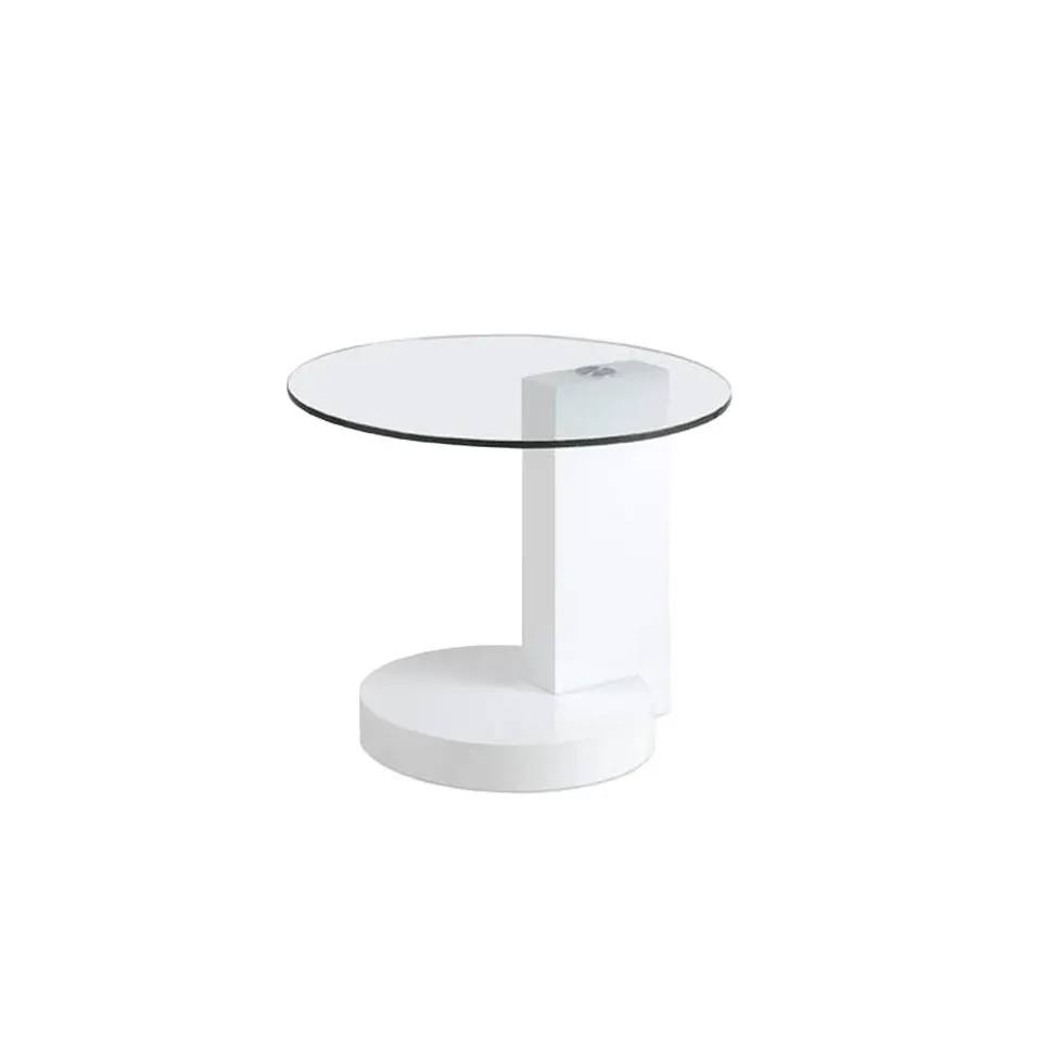 Corner Table 2035 Angel Cerdá-corner table with base and column of DM lacquered in glitter White and tempered glass lid.