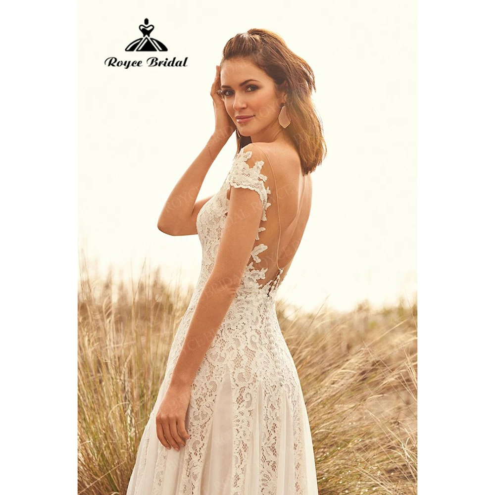 Cap Sleeve Boho Lace Wedding Dresses Scoop Neck Tulle Bohemian Bride Gowns Backless Beach Wedding Party Gowns robe de mariee