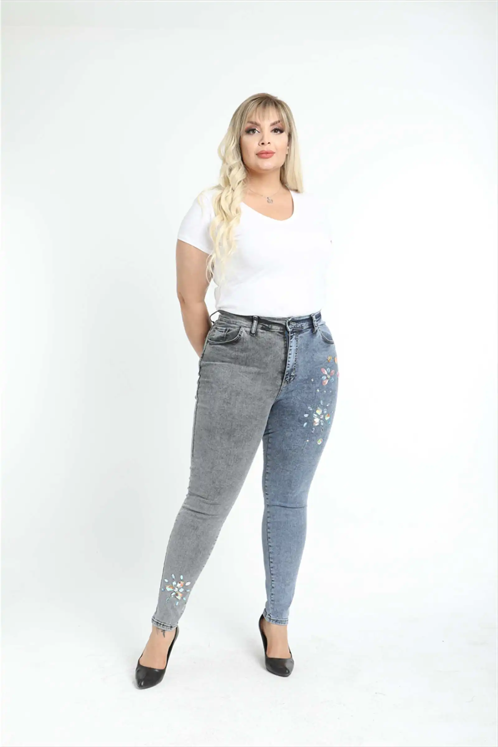 Diaves-pantalones vaqueros de talla grande para mujer, Vaqueros pitillo de cintura alta con bordado de piedras y perlas de doble color, moda de verano, calidad turca