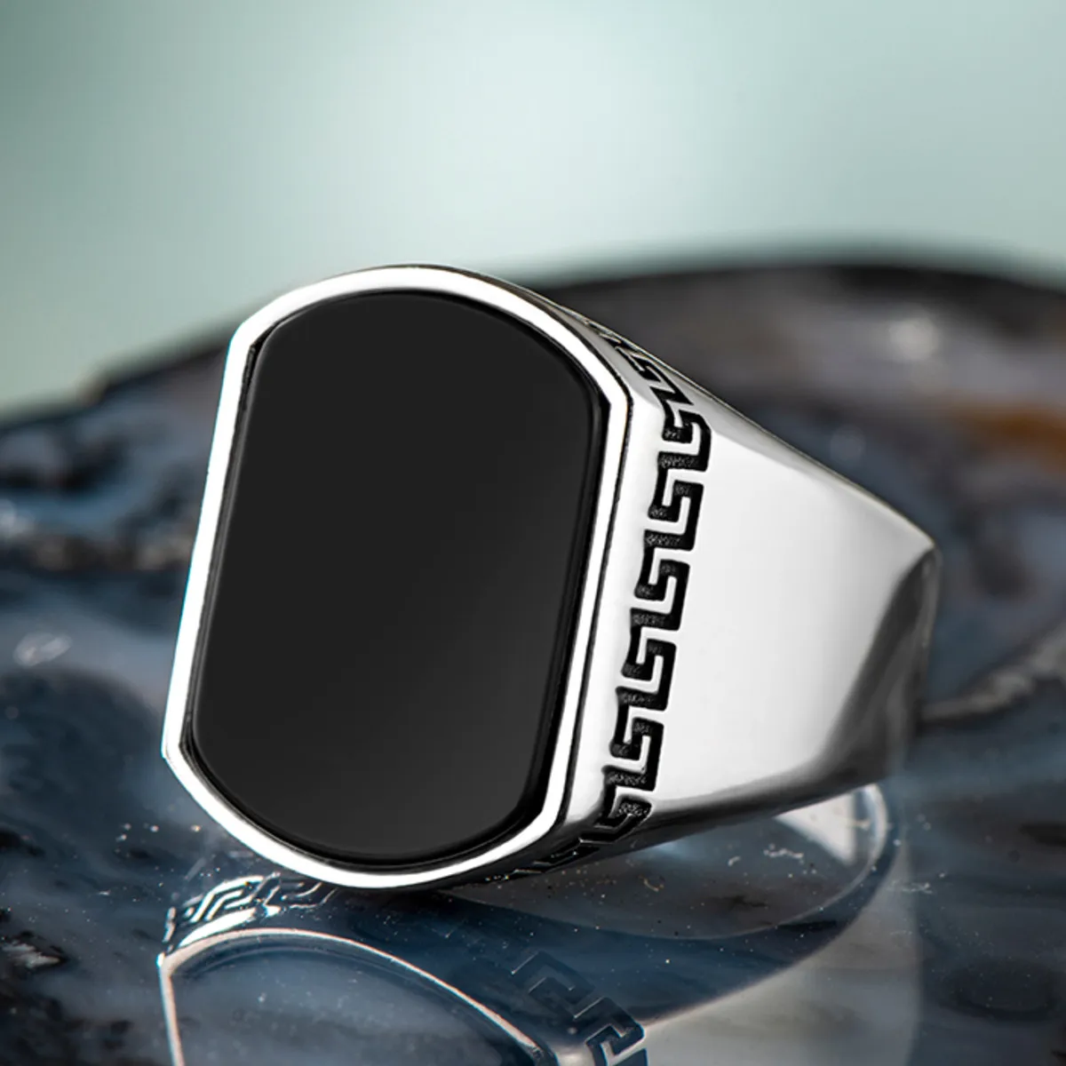 

925 Sterling Silver Rectangular Black Onyx Stone Men's Ring Exclusive Plain Ring for Men Special Accessory Made in Turkey