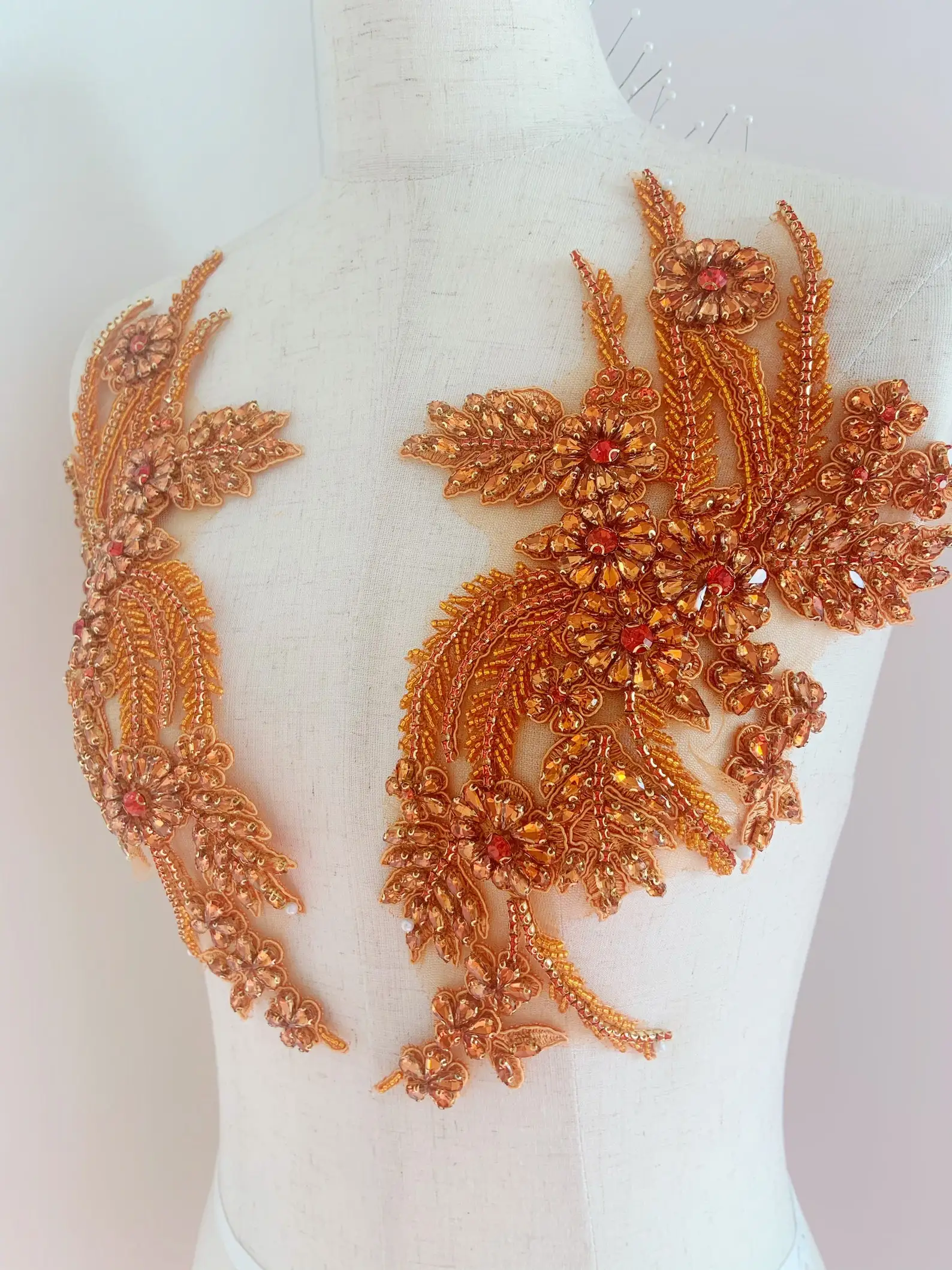 Popular Orange Rhinestone Appliqué, Rhinestones Bodice Applique Sewing Beads Crystal Trim Patches Dress Accessory