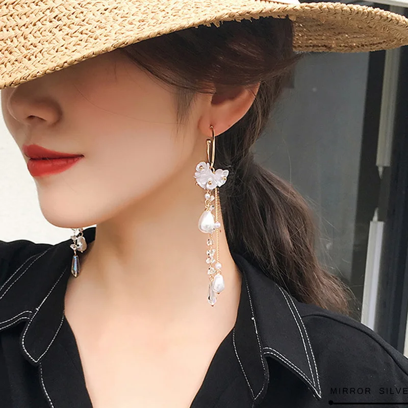 New Elegant Metal Flower Cute Cat Dangle Earrings For Women Korean Asymmetrical Zircon Long Tassel Earring Party Jewelry