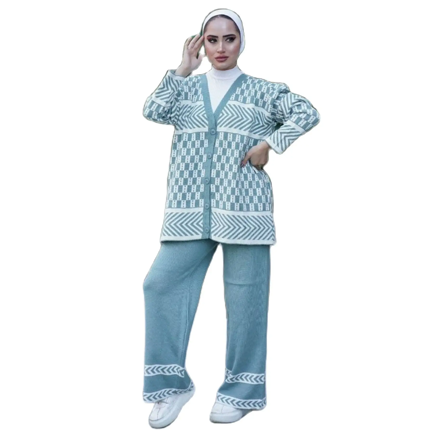 2 Piece Women's Knitted Sports Set Geometric Patterned Long Sleeved Sweater and Comfortable Pant Sportive Set Knitwear Turkey