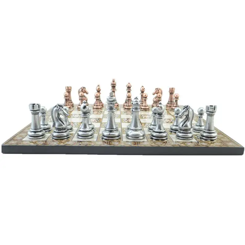 Classic Antique Copper Chess Set for Adult and Kids Handmade Pieces and Mosaic Design Wooden Chess Board King 7.5cm