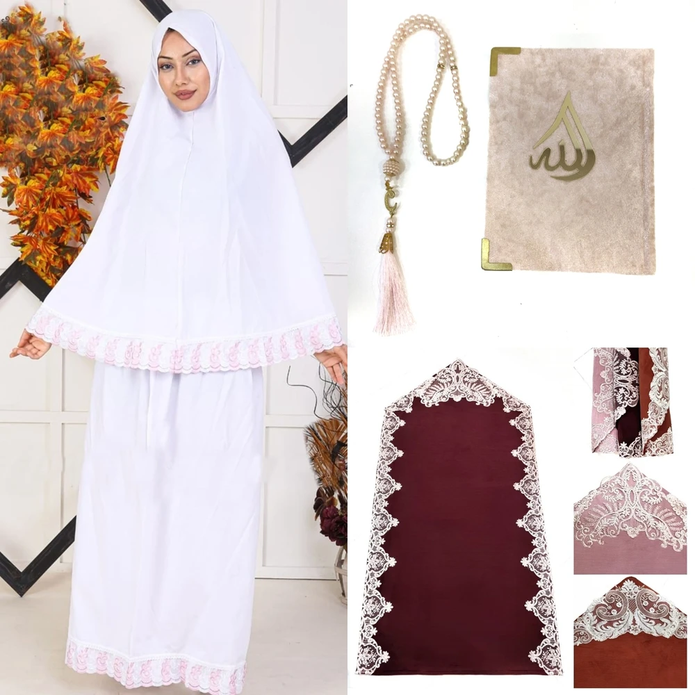 Luxury Muslim Prayer Dowry Set Wedding Prayer Dress French Guipure Gift Quran Rosaries Rug Sijadat Islam Woman Ramadan Eid Reis