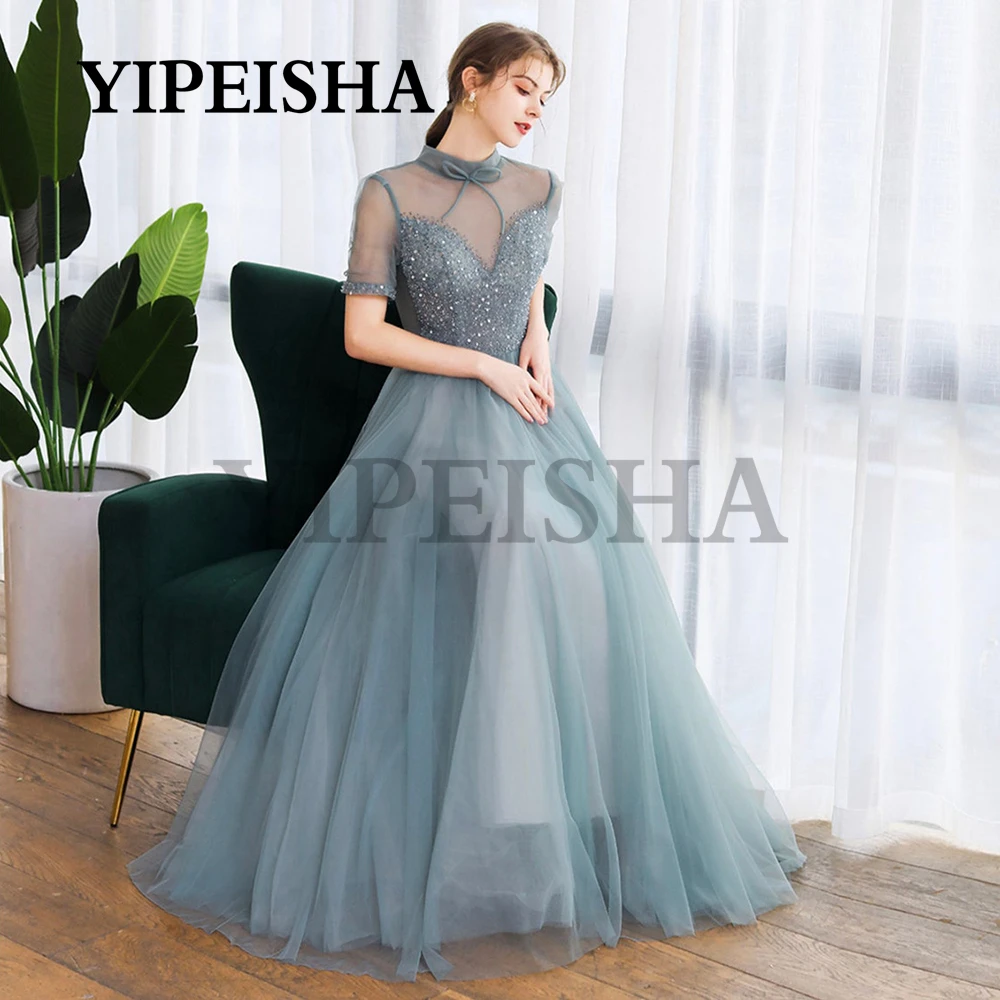 

O-Neck Beading A-Line Evening Dresses Short Sleeve Backless Tulle Classic Glittery Prom Party Gown robes de soirée فساتين السهرة