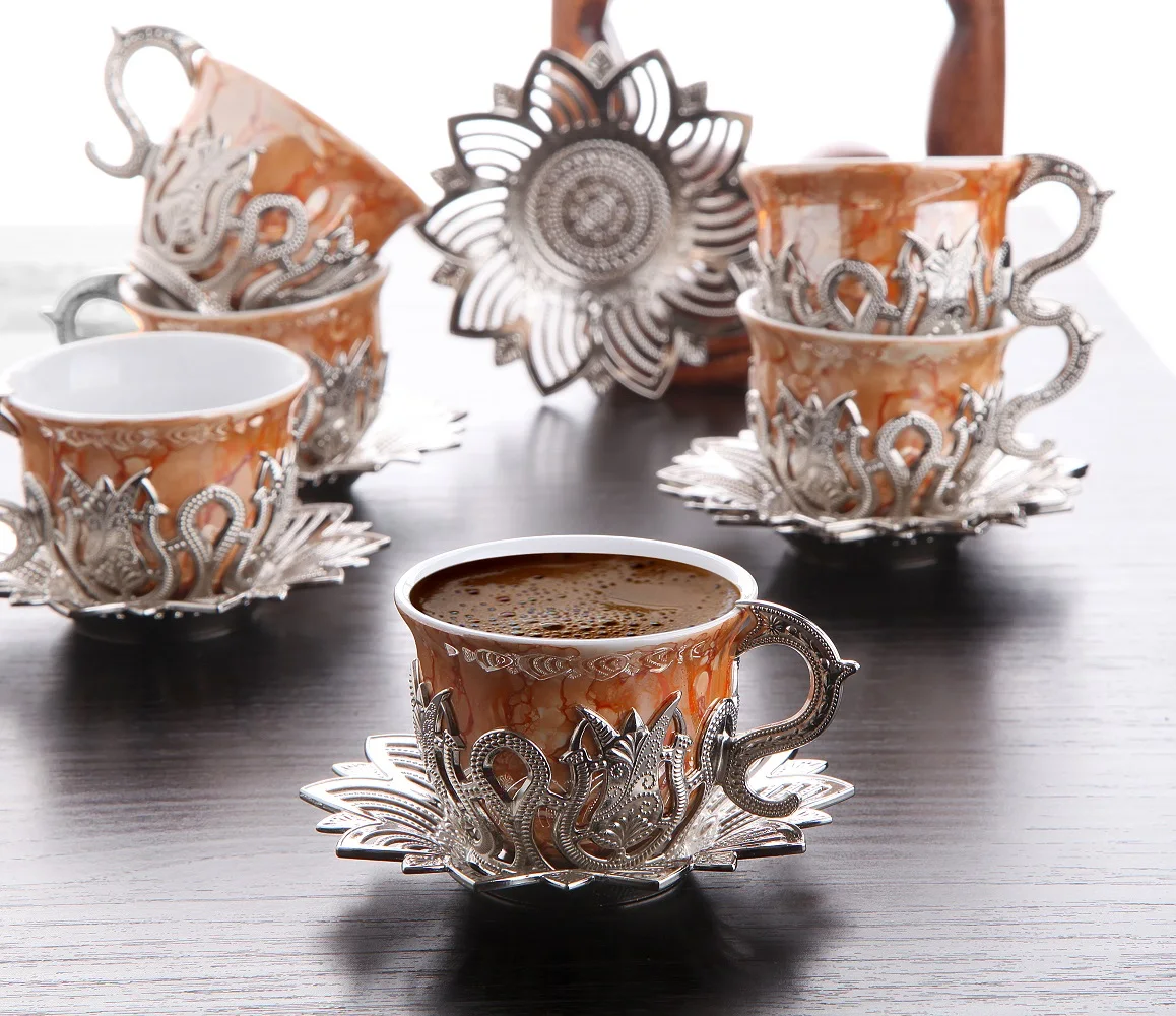 Turkish Coffee Set -  Silver Color - Orange Cups