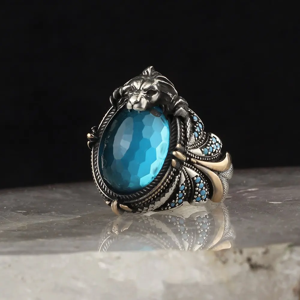 MEN 'S 925 Sterling Silver Ring Blue Topaz Stone, Gift Item Custom Design Handmade Made in Turkey