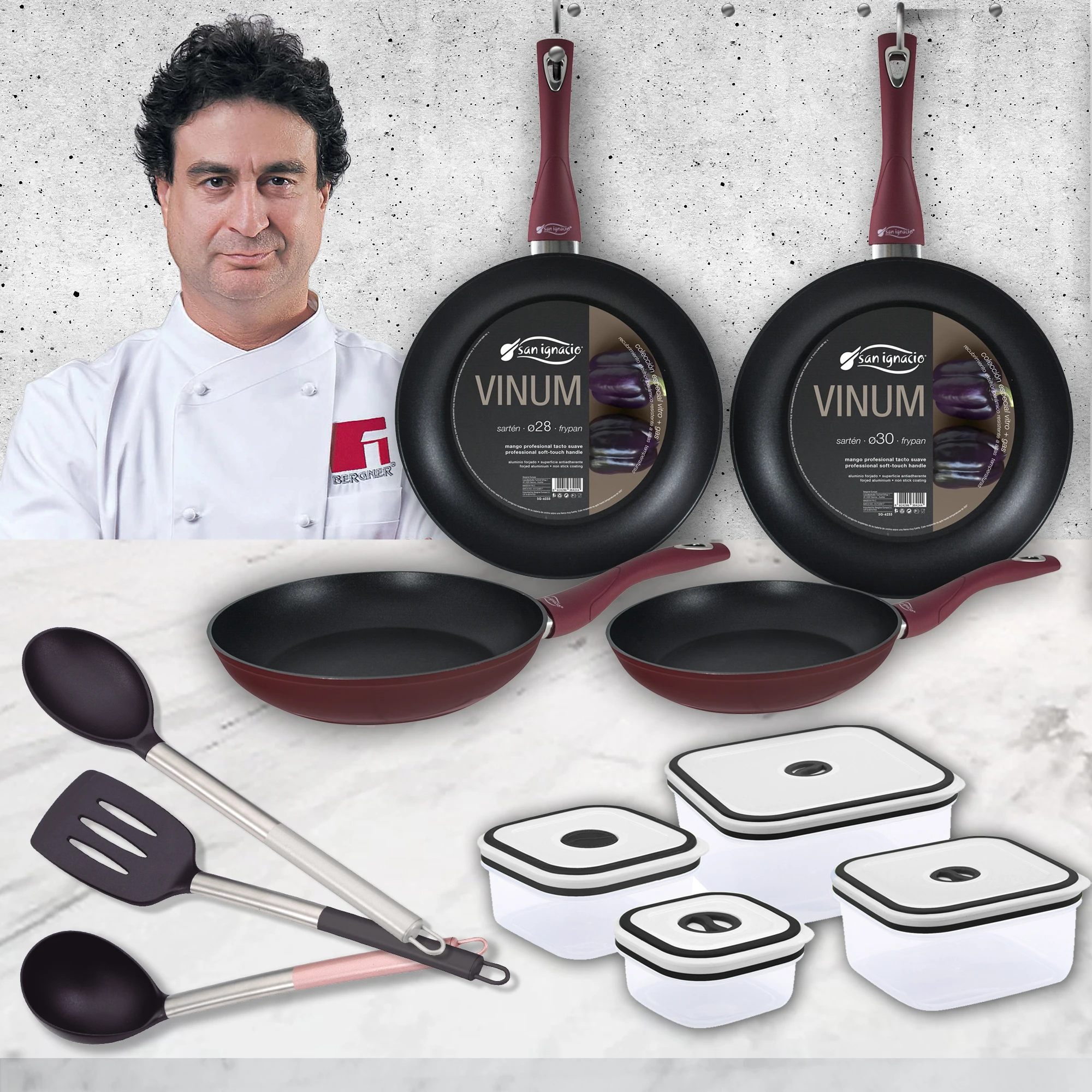 Set of pans (20,24,28,30cm) in aluminium with fiambreras and kitchen utensils SAN IGNACIO Vinum