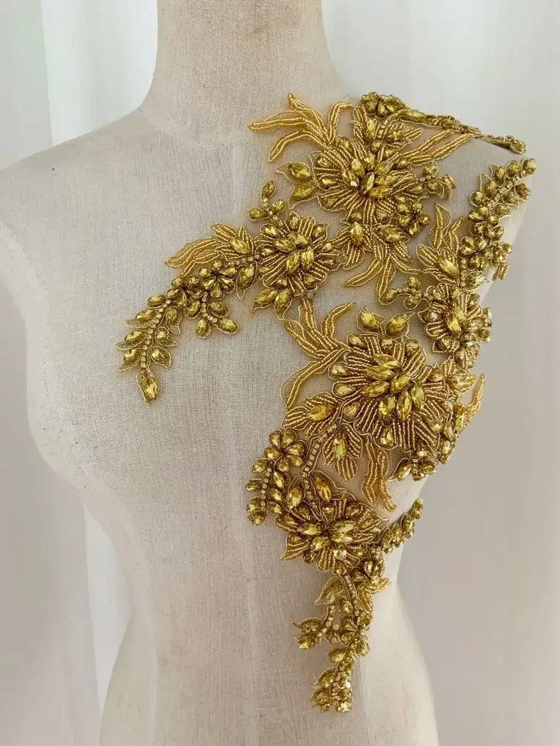 

Gold Rhinestone Applique For Couture Costume Bridal Dress Deluxe Bead Florals Applique For Haute Couture