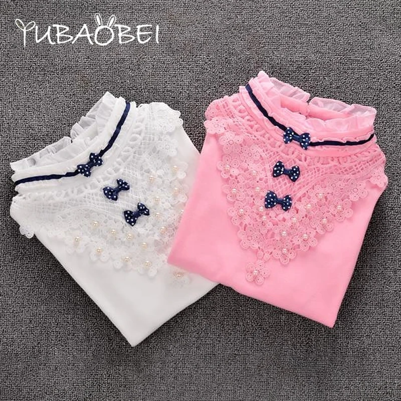 

Autumn Winter 2023 Kids Clothes Children Turtleneck Shirt Fashion White Pink Long-sleeved Warm T-shirt Student Girls Lace Tops