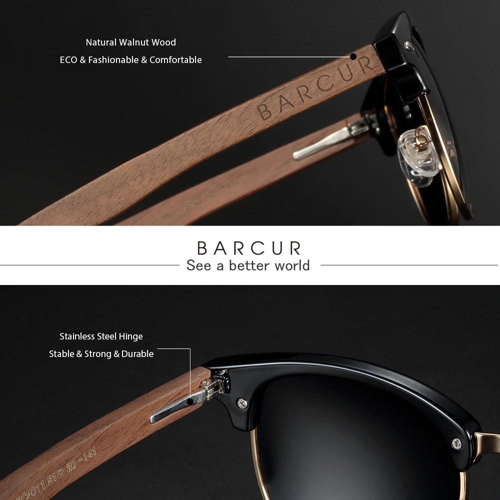 BARCUR Classic Black Walnut Wood Sunglasses Men Polarized Sun Glasses Women Handmade Wood Eyewear Oculos