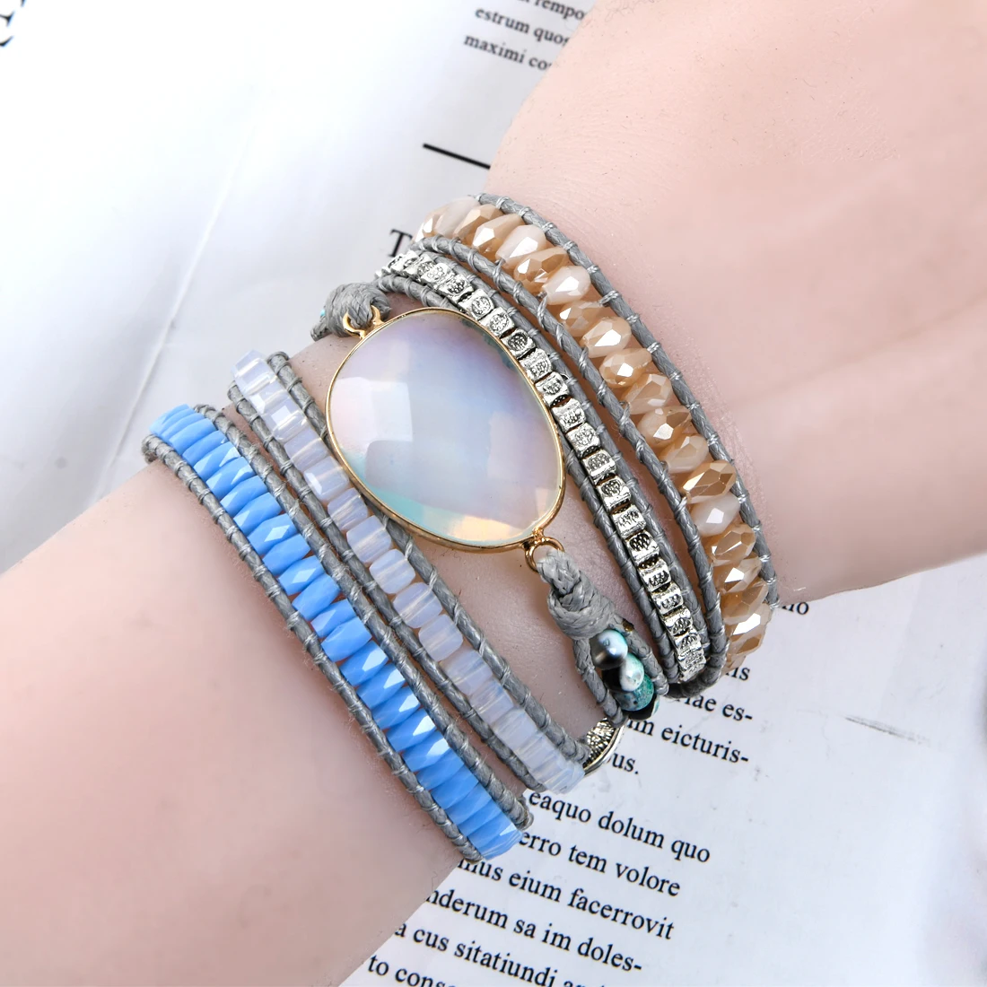 Handmade Multi  Wrap Bracelet Vintage Opal Natural Stone Weaving Cuff Bangles Bracelets Bohemian Jewelry