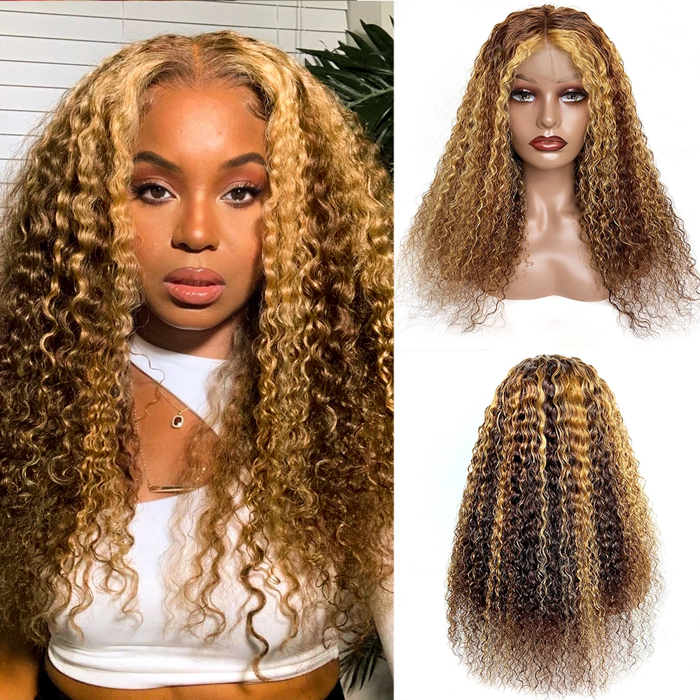 

Highlight Brown Colored kinky curly Lace Frontal Wigs 13x4 Transpare Human Hair Wig Brazilian Bleached Knots Pre plucked 28" 30"