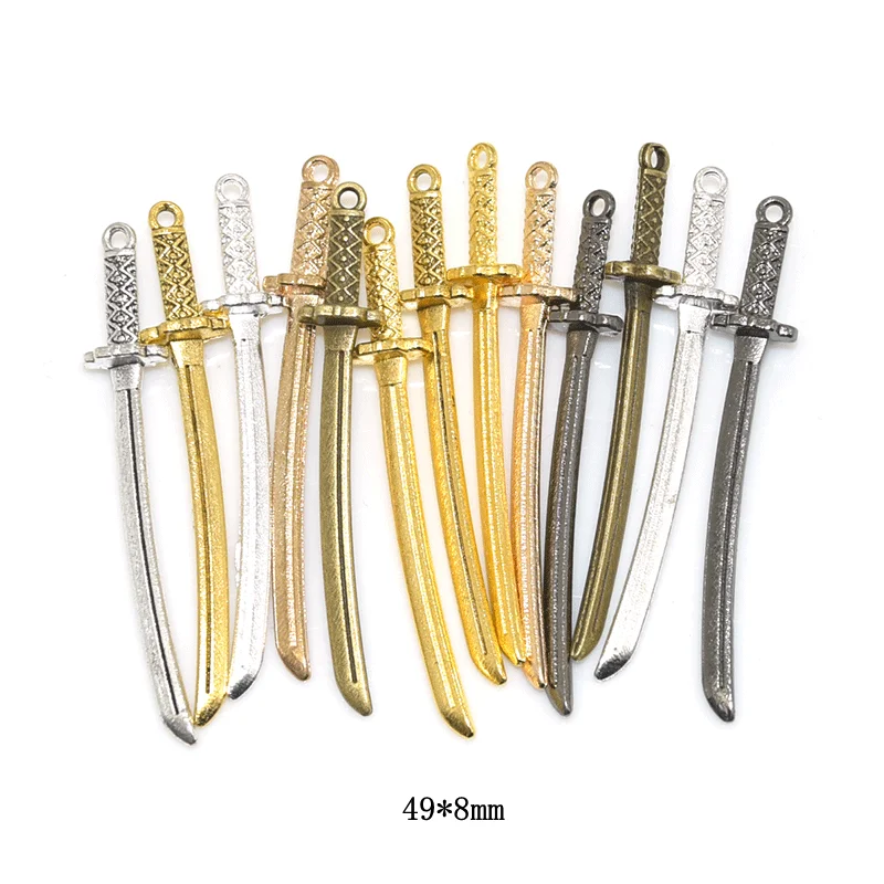 15pcs Wholesale Three Color Samurai Knife Charms Alloy Metal Katana Pendants For DIY Handmade Jewelry Accessories Making 49*8mm